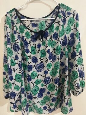 JM Collection Green and Blue Floral Tie-Neck Blouse